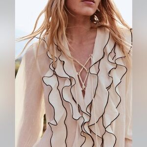 Zara Cream Sheer Blouse Chiffon Ruffles large beige/ cream